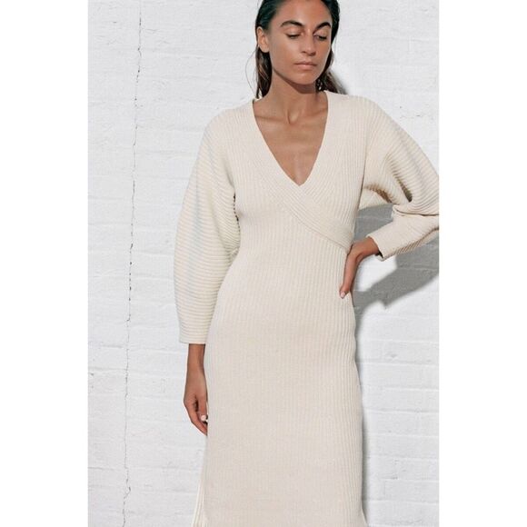 MARA HOFFMAN Samira Wrap-effect Ribbed Organic Cotton-blend Midi Dress Cream Siz - Picture 10 of 12